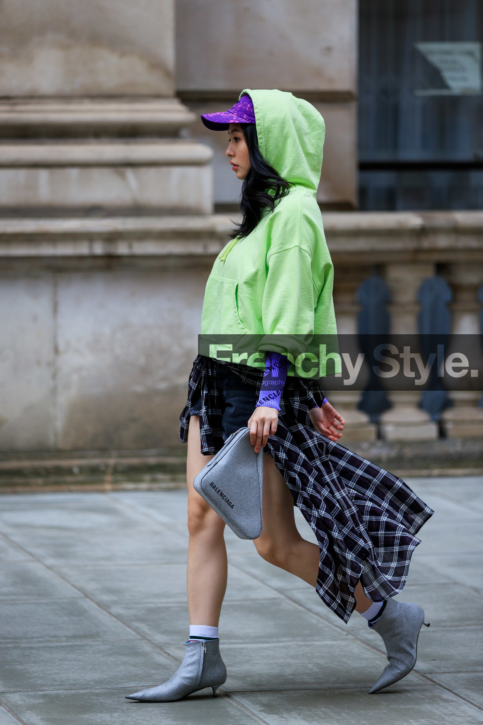 balenciaga, black and white, checked, graphic dress, graphic skirt, green sweater, grey bag, grey boots, hoodie, leather bag, leather shoes, plaid, printed dress, printed shirt, printed skirt, purple hat, shiny bag, shiny shoes, silver bag, silver shoes, tied up shirt, street style, jonathan paciullo, FW, frenchystyle, fashion week, LFW, LONDON, AUTUMN WINTER 2019-2020, AW 19-20, FW 19-20, FALL WINTER 2019-2020, vertical, full length