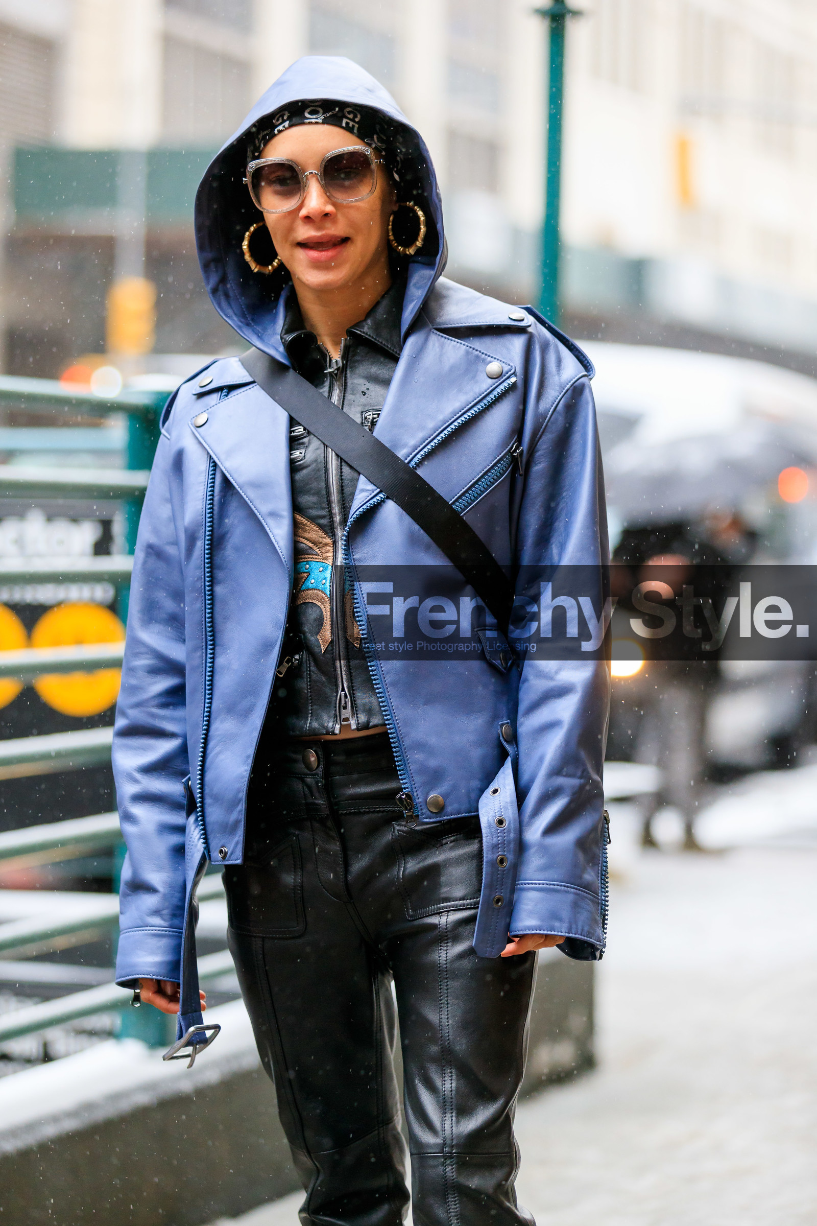 black pants, blue jacket, earrings, hood, leather jacket, leather pants, leather perfecto, sunglasses, trousers, street style, jonathan paciullo, frenchystyle, NYFW, NEW YORK, AUTUMN WINTER 2019-2020, AW 19-20, FALL WINTER 2019-2020, FW 19-20, fashion week, FW, vertical, atmosphere details, detail