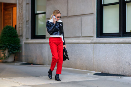 atmosphere details, black and white, black bag, black jacket, black shoes, courrèges, denim pants, fashion week, frenchystyle, full length, FW, graphic jacket, high heels, horizontal, jeans, jonathan paciullo, leather bag, leather jacket, leather shoes, NEW YORK, NYFW, red denim, red pants, SPRING SUMMER 2018, SS 18, street style, sunglasses, trousers, vinyl