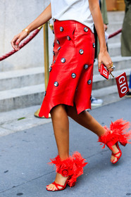 atmosphere details, detail, embroidered skirt, fashion week, frenchystyle, fur shoes, FW, giovanna battaglia, high heels, iphone, jonathan paciullo, leather shoes, leather skirt, NEW YORK, NYFW, red shoes, red skirt, SPRING SUMMER 2018, SS 18, street style, studs, vertical, white t shirt