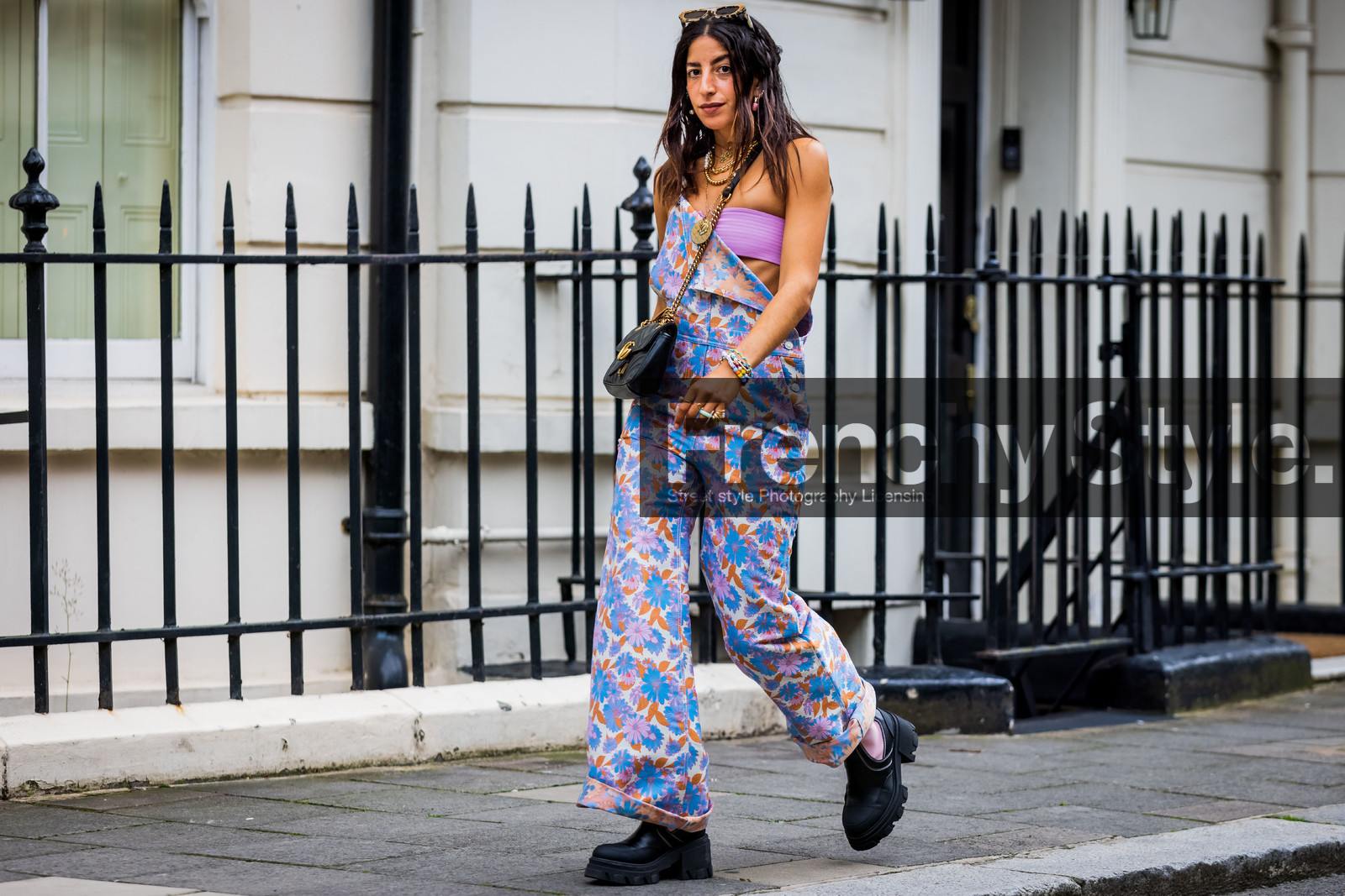 Selma Kaci, gucci marmont, print, flower print, flowers, jumpsuit, fashion week, frenchystyle, FW, jonathan paciullo, street style, SPRING SUMMER 2022, SS 22, LFW, LONDON, horizontal, full length, atmosphere details