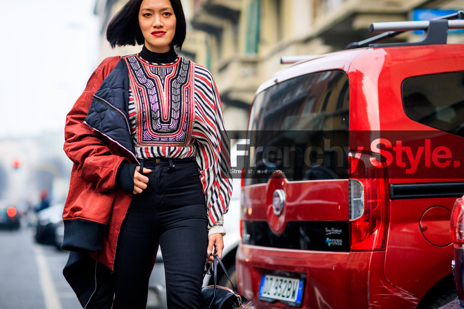 atmosphere details, AUTUMN WINTER 2017-2018, AW 17-18, black bag, black denim, bomber jacket, denim pants, detail, FALL WINTER 2017-2018, fashion week, frenchystyle, FW, FW 17-18, geometric, graphic shirt, high heels, horizontal, jeans, jonathan paciullo, leather bag, leather shoes, MFW, MILAN, printed, red jacket, red shirt, shirt, street style, striped shirt, stripes, Tiffany Hsu, trousers