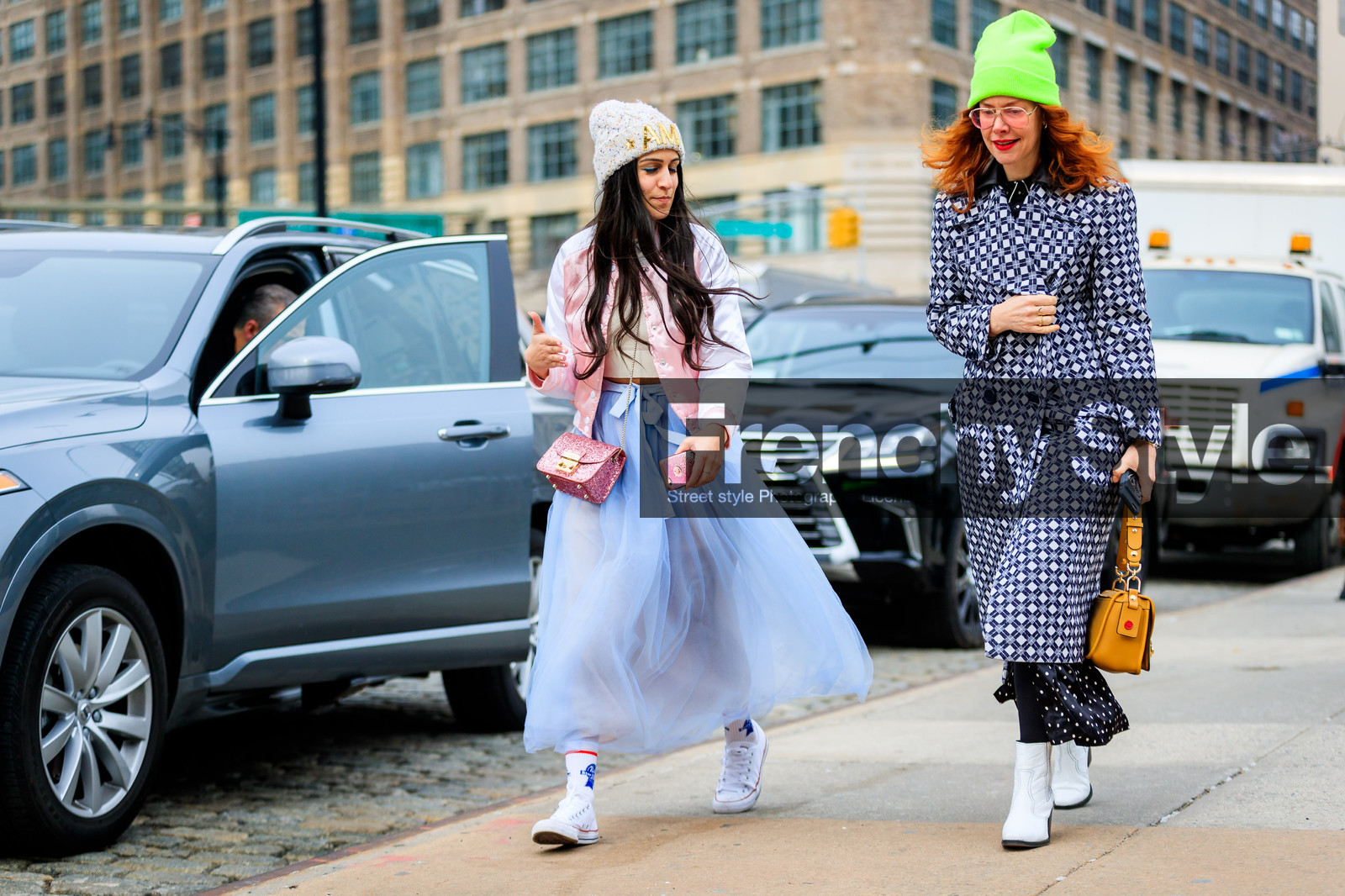 blue coat, blue skirt, converse, glitter, graphic jacket, green beanie, high heels, leather bag, leather shoes, pink bag, pink beanie, pink jacket, printed coat, printed jacket, shiny bag, white boots, white sneakers, yellow bag, street style, jonathan paciullo, FW, frenchystyle, fashion week, NYFW, NEW YORK, AUTUMN WINTER 2018-2019, AW 18-19, FALL WINTER 2018-2019, FW 18-19, atmosphere details, horizontal, full length, christene barberich