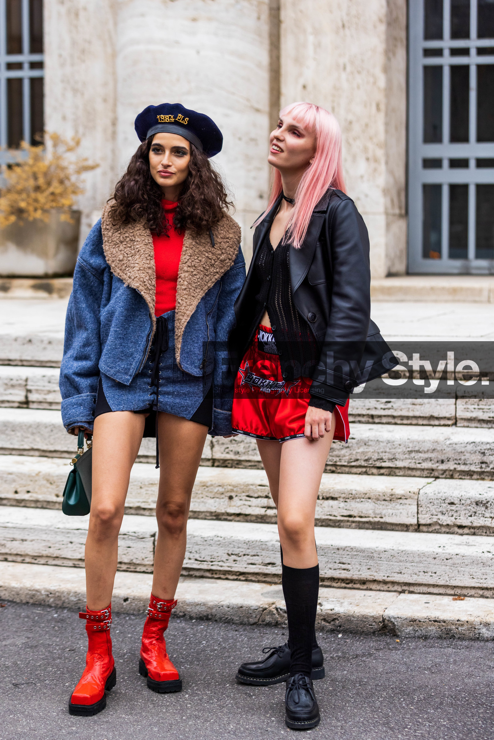 bag, beret, black cardigan, black jacket, blue beret, blue jacket, blue skirt, cardigan, Chiara Celsi, color, green bag, jacket, lace up skirt, leather bag, leather jacket, Milena Podda, mini skirt, pink hair, red boots, red short, red turtleneck, satined short, short, skirt, turtleneck, wool beret, wool jacket, wool skirt, black socks, moccassins, black shoes, leather moccasins, boots, red boots, leather boots, dr martens shoes, fashion week, frenchystyle, FW, jonathan paciullo, street style, SPRING SUMMER 2022, SS 22, MFW, MILAN, vertical, full length