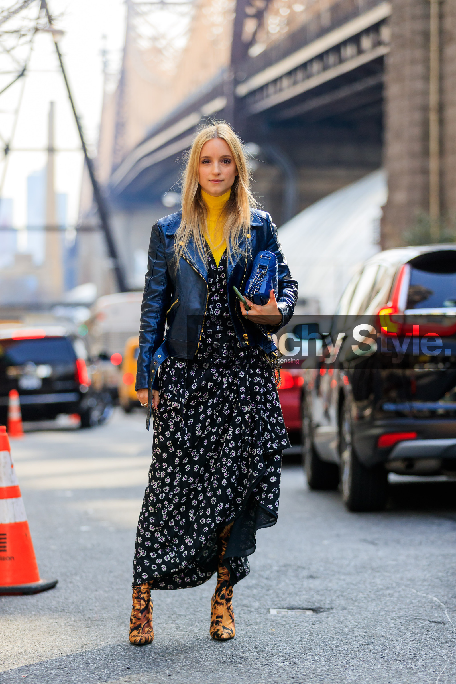 black bag, black dress, black jacket, black perfecto, blue bag, brown boots, graphic dress, high boots, high heels, leather bag, leather jacket, leather perfecto, leather shoes, printed dress, yellow sweater, street style, jonathan paciullo, FW, frenchystyle, fashion week, NYFW, NEW YORK, AUTUMN WINTER 2018-2019, AW 18-19, FALL WINTER 2018-2019, FW 18-19, vertical, full length, Charlotte Groeneveld