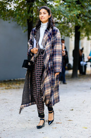 black bag, black shoes, caroline issa, checked jacket, checked pants, fashion week, frenchystyle, full length, FW, graphic bag, high heels, jonathan paciullo, leather bag, leather shoes, PARIS, PFW, plaid, printed pants, SPRING SUMMER 2017, SS 17, street style, tartan, trousers, vertical, white sweater