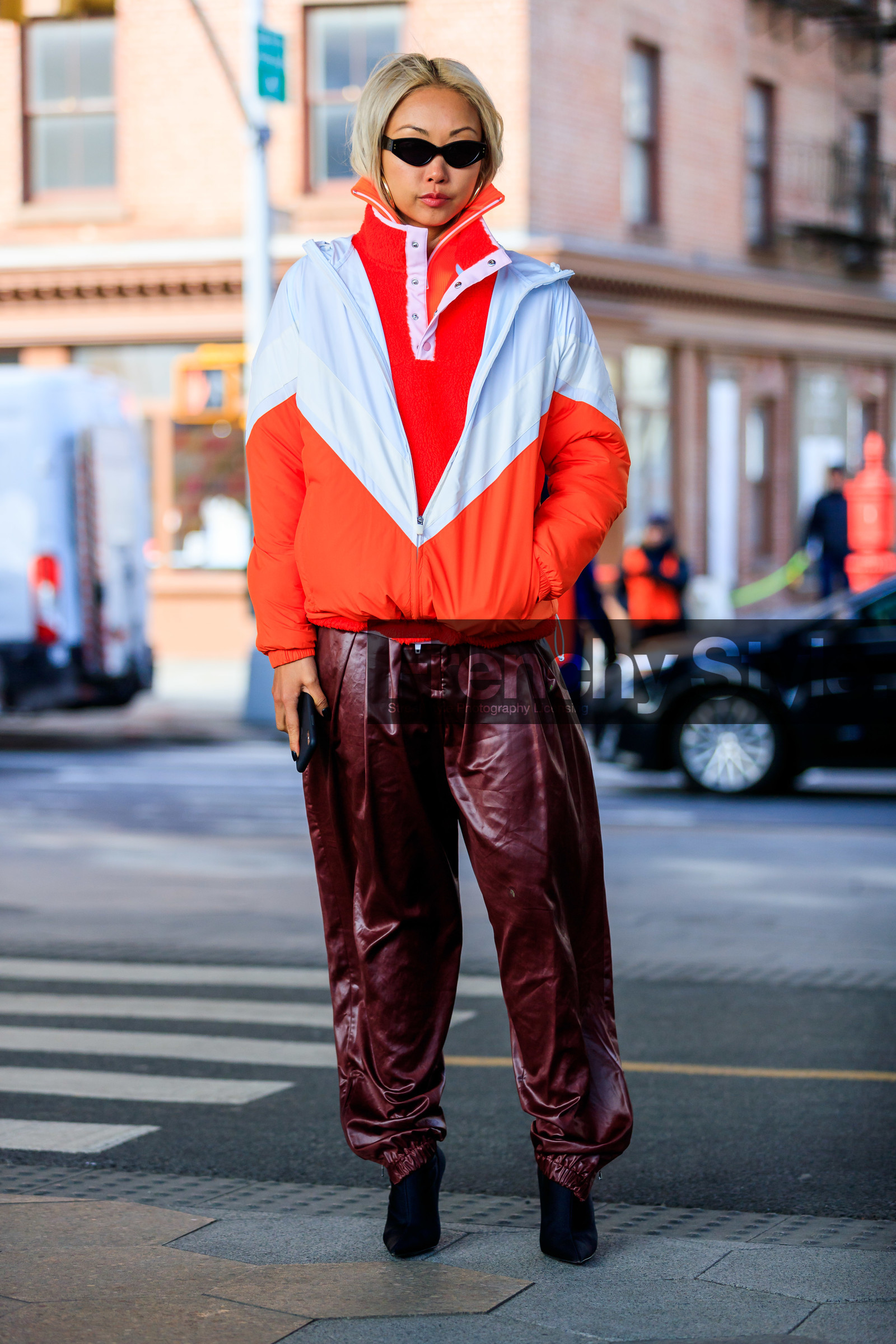 black shoes, bordeaux, burgundy, graphic jacket, leather pants, leather shoes, printed jacket, red jacket, red pants, sportswear, streetwear, sunglasses, trousers, vanessa hong, street style, jonathan paciullo, frenchystyle, NYFW, NEW YORK, AUTUMN WINTER 2019-2020, AW 19-20, FALL WINTER 2019-2020, FW 19-20, fashion week, FW, vertical, full length