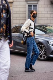 back, bag, bicolor cardigan, black bag, cardigan, denim, facial mask, jean, leather bag, round sunglasses, sunglasses, tods bag, white cardigan, wool cardigan, gucci loafers, gucci moccasins: black moccasins: black socks, leather loafers, fashion week, frenchystyle, FW, jonathan paciullo, street style, SPRING SUMMER 2022, SS 22, MFW, MILAN, vertical, full length