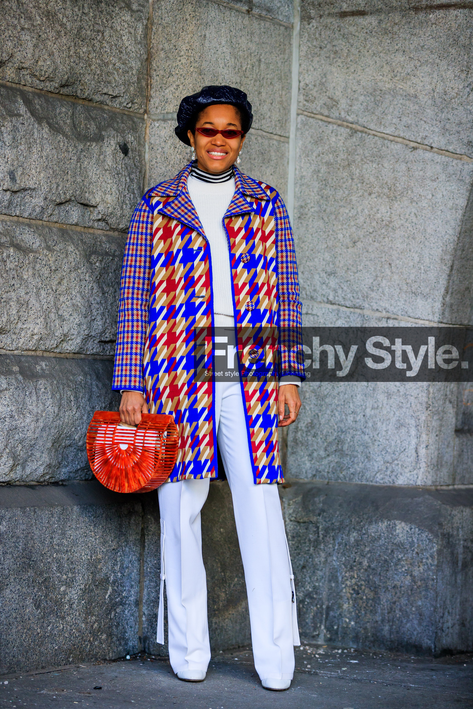 beret, black hat, blue coat, checked, earrings, graphic bag, graphic jacket, houndstooth pattern, leather bag, multicolor jacket, plaid, printed jacket, sunglasses, tartan, trousers, white pants, white sweater, street style, jonathan paciullo, FW, frenchystyle, fashion week, NYFW, NEW YORK, AUTUMN WINTER 2018-2019, AW 18-19, FALL WINTER 2018-2019, FW 18-19, vertical, full length, tamu mcpherson