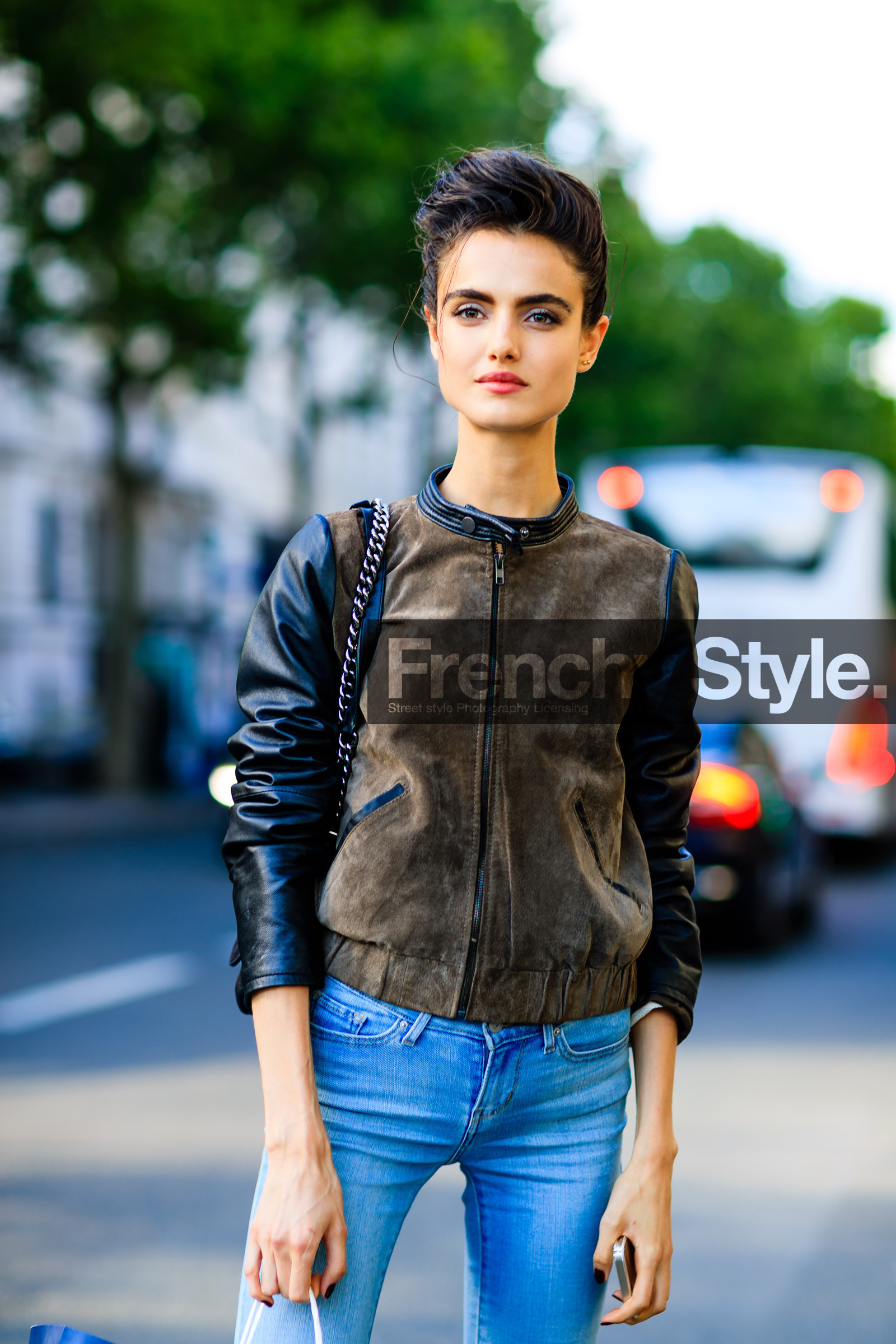AUTUMN WINTER 2016-2017, AW 16-17, blanca padilla, blue denim, brown jacket, denim pants, detail, FALL WINTER 2016-2017, fashion week, frenchystyle, FW, FW 16-17, HAUTE COUTURE, jeans, jonathan paciullo, leather jacket, MENSWEAR, model, PARIS, PFW, portrait, pulled back hair, street style, trousers, vertical