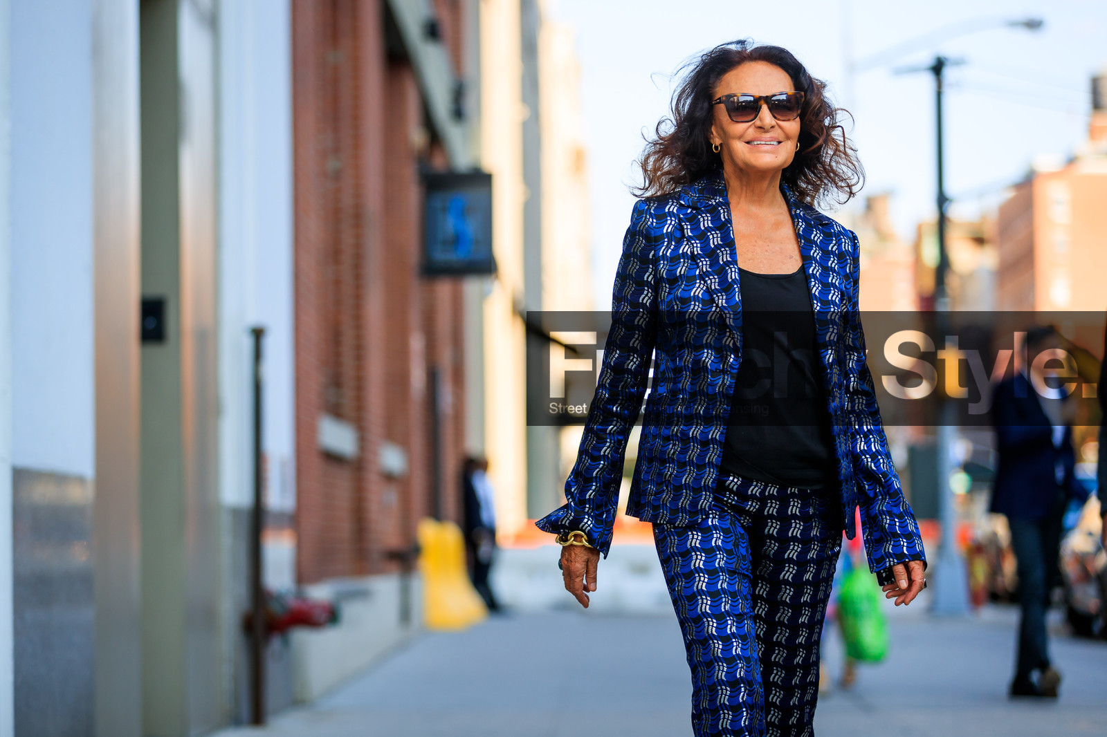 atmosphere details, black top, blazer, blue suit, checked suit, detail, diane von furstenberg, fashion week, frenchystyle, FW, graphic suit, horizontal, jonathan paciullo, NEW YORK, NYFW, printed suit, SPRING SUMMER 2018, SS 18, street style, sunglasses, trousers