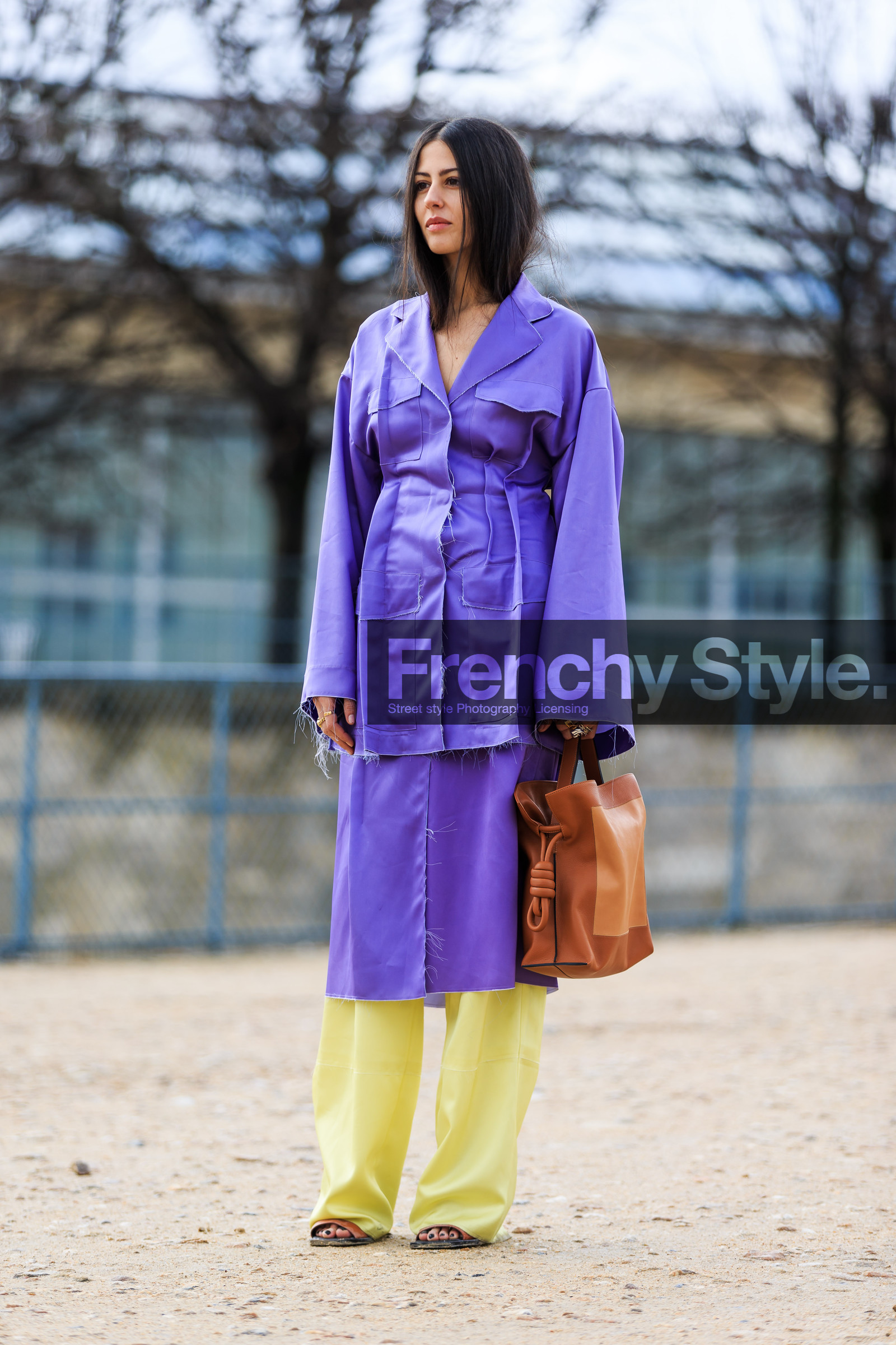 AUTUMN WINTER 2016-2017, AW 16-17, brown bag, FALL WINTER 2016-2017, fashion week, frenchystyle, full length, FW, FW 16-17, jonathan paciullo, leather bag, PARIS, PFW, purple dress, purple jacket, street style, trousers, vertical, yellow pants
