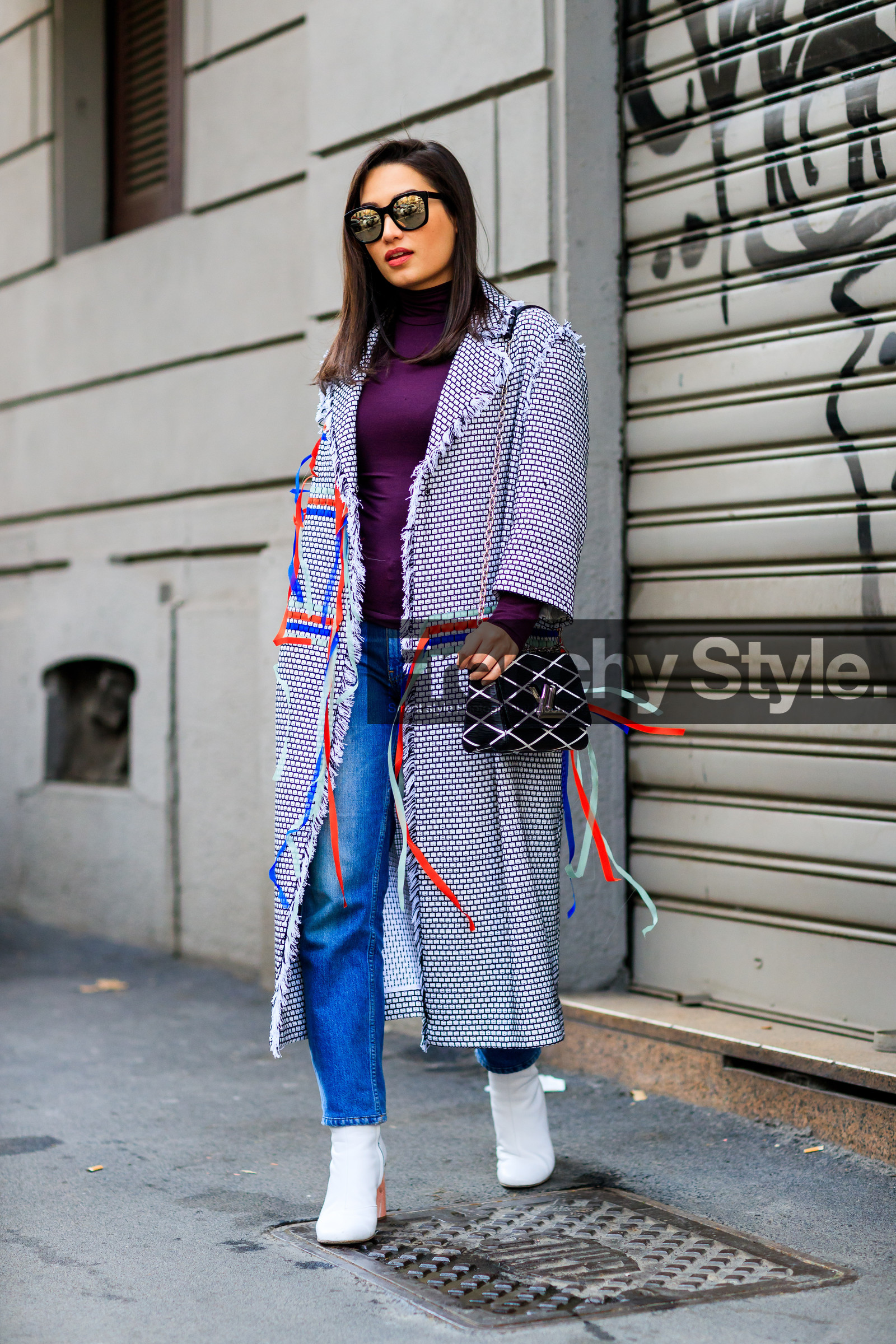 AUTUMN WINTER 2017-2018, AW 17-18, black bag, blue denim, denim pants, embroidered coat, FALL WINTER 2017-2018, fashion week, frenchystyle, full length, FW, FW 17-18, graphic bag, graphic coat, high heels, jeans, jonathan paciullo, leather bag, leather shoes, louis vuitton, MFW, MILAN, printed bag, printed coat, purple sweater, street style, striped bag, sunglasses, trousers, tweed coat, vertical, white boots