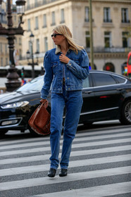 full denim look, denim jacket, denim pants, white crop top, brown bag, black sunglasses, camille charriere, PARIS, PFW, SPRING SUMMER 2020, SS 20, fashion week, frenchystyle, FW, jonathan paciullo, street style, vertical, full length
