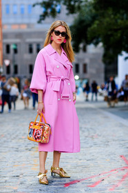 Annabel Rosendahl, balenciaga, earrings, fashion week, floral, flowers, frenchystyle, full length, FW, golden shoes, high heels, jonathan paciullo, leather bag, leather shoes, NEW YORK, NYFW, orange bag, pink coat, pink jacket, printed bag, shiny shoes, SPRING SUMMER 2018, SS 18, street style, sunglasses, vertical