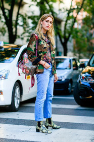Annabel Rosendahl, backpack, blue denim, camo jacket, camouflage, denim pants, fashion week, frenchystyle, full length, FW, gucci, jeans, jonathan paciullo, leather bag, leather shoes, MFW, MILAN, military jacket, printed bag, snake print, SPRING SUMMER 2017, SS 17, street style, trousers, vertical