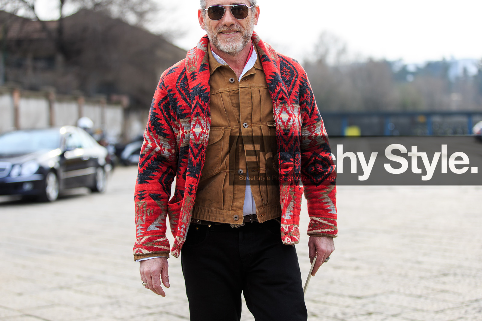 atmosphere details, AUTUMN WINTER 2016-2017, AW 16-17, black denim, brown jacket, camel jacket, denim jacket, denim pants, detail, embroidered sweater, embroideries, FALL WINTER 2016-2017, fashion week, frenchystyle, FW, FW 16-17, horizontal, jeans, jonathan paciullo, LFW, LONDON, MENSWEAR, red cardigan, red sweater, street style, sunglasses, trousers