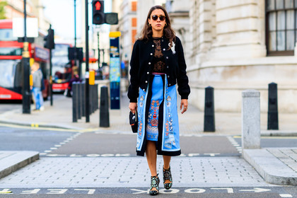 black bag, black jacket, black shoes, black top, blue skirt, graphic skirt, lace top, leather bag, leather shoes, over the shoulder, printed skirt, see through, shiny shoes, sunglasses, teddy jacket, fashion week, frenchystyle, FW, jonathan paciullo, street style, LFW, LONDON, SPRING SUMMER 2019, SS 19, atmosphere details, horizontal, full length