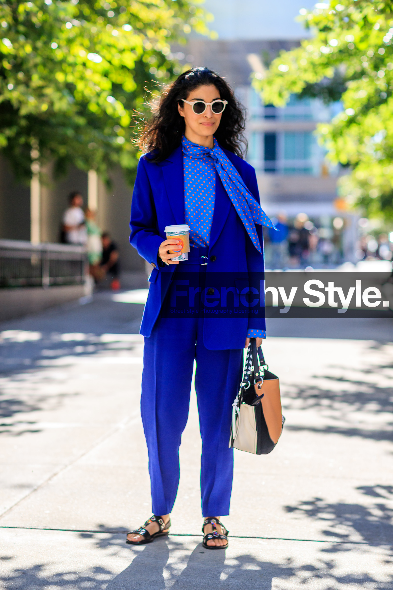 black sandals, blazer, blue jacket, blue pants, blue shirt, blue suit, caroline issa, fashion week, frenchystyle, full length, FW, jonathan paciullo, leather bag, NEW YORK, NYFW, polka dot, printed shirt, SPRING SUMMER 2018, SS 18, street style, sunglasses, trousers, vertical