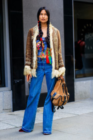 blue denim, blue tank top, braids, brown bag, brown jacket, denim pants, fashion week, frenchystyle, full length, fur collar, FW, hair jewels, jeans, jonathan paciullo, leather backpack, leather bag, model, NEW YORK, NYFW, shearling, SPRING SUMMER 2018, SS 18, street style, trousers, varsha thapa, vertical