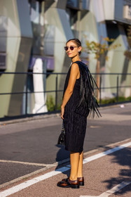 back, back detail, bicolor derbies, bicolor shoes, black bag, black derbies, black dress, brown derbies, brown loafers, bun, croc bag, derbies, earrings, feathers, flower earrings, Jenny M Walton, leather bag, leather loafers, loafers, strass, sunglasses, fashion week, frenchystyle, FW, jonathan paciullo, street style, SPRING SUMMER 2022, SS 22, MFW, MILAN, vertical, full length