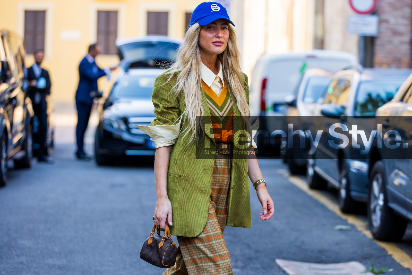 bag, blazer, blue cap, brown bag, cap, color, corduroy blazer, Emili Sindlev, green blazer, leather bag, logo bag, louis vuitton bag, pants, print, print knit, shirt, small bag, sneakers, tartan pants, fashion week, frenchystyle, FW, jonathan paciullo, street style, MFW, MILAN, SPRING SUMMER 2022, SS 22, horizontal, atmosphere details, detail