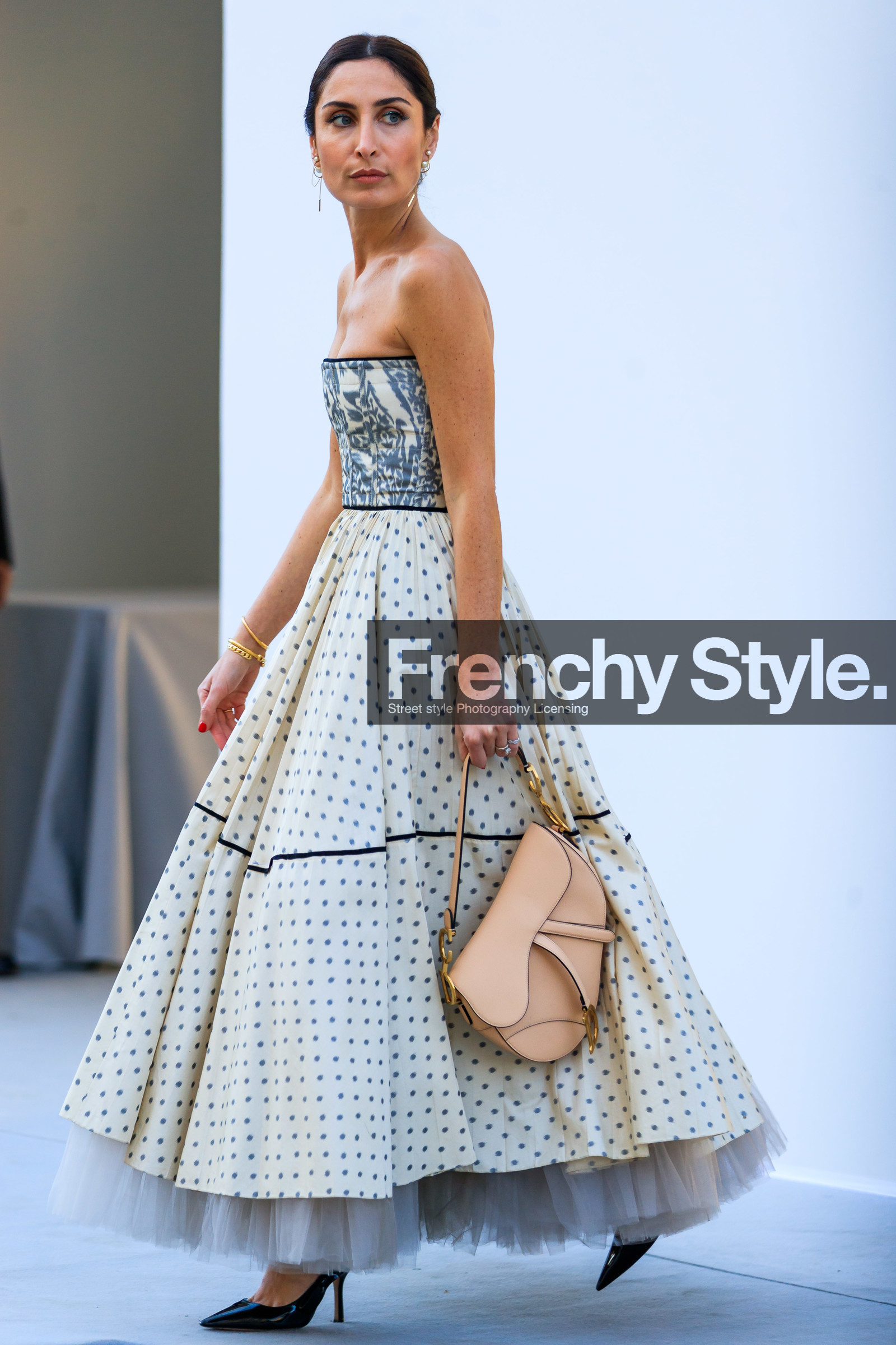 black shoes, bustier dress, christian dior, embroideries, geraldine boublil, graphic dress, high heels, leather bag, leather shoes, nude bag, polka dot, printed dress, saddle bag, tulle, white dress, PARIS, PFW, street style, jonathan paciullo, FW, frenchystyle, fashion week, AUTUMN WINTER 2019-2020, AW 19-20, FALL WINTER 2019-2020, FW 19-20, vertical, full length
