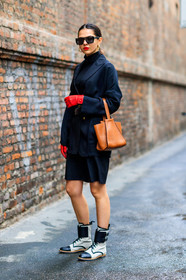 black and white shoes, black jacket, black shorts, black turtleneck, blazer, camel bag, leather bag, leather gloves, leather shoes, red gloves, red lips, sunglasses, fashion week, frenchystyle, FW, jonathan paciullo, street style, MFW, MILAN, AUTUMN WINTER 2018-2019, FALL WINTER 2018-2019, FW 18-19, vertical, full length, doina ciobanu
