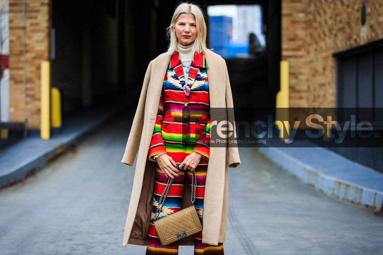 atmosphere details, AUTUMN WINTER 2016-2017, AW 16-17, beige, beige coat, blazer, blue, boy bag, camel bag, camel jacket, chanel, detail, embroidered jacket, embroidered pants, fashion week, frenchystyle, FW, FW 16-17, geometric, graphic, green, horizontal, jonathan paciullo, leather bag, multicolor, NEW YORK, NYFW, orange, peruvian, printed pants, printed suitcase, red, red jacket, red suit, Samantha Angelo, street style, striped pants, stripes, turtleneck sweater, white sweater, woman, yellow
