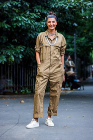 beige jumpsuit, bracelet, Giovanna Engelbert, jumpsuit, necklace, pocket, silver necklace, sneakers, statement necklace, strass, white sneakers, fashion week, frenchystyle, FW, jonathan paciullo, street style, SPRING SUMMER 2022, SS 22, MFW, MILAN, vertical, full length