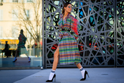 black belt, black shoes, checked, graphic jacket, grey coat, high heels, leather belt, leather shoes, plaid, printed jacket, tartan, white socks, PARIS, PFW, street style, jonathan paciullo, FW, frenchystyle, fashion week, AUTUMN WINTER 2019-2020, AW 19-20, FALL WINTER 2019-2020, FW 19-20, horizontal, atmosphere details, full length