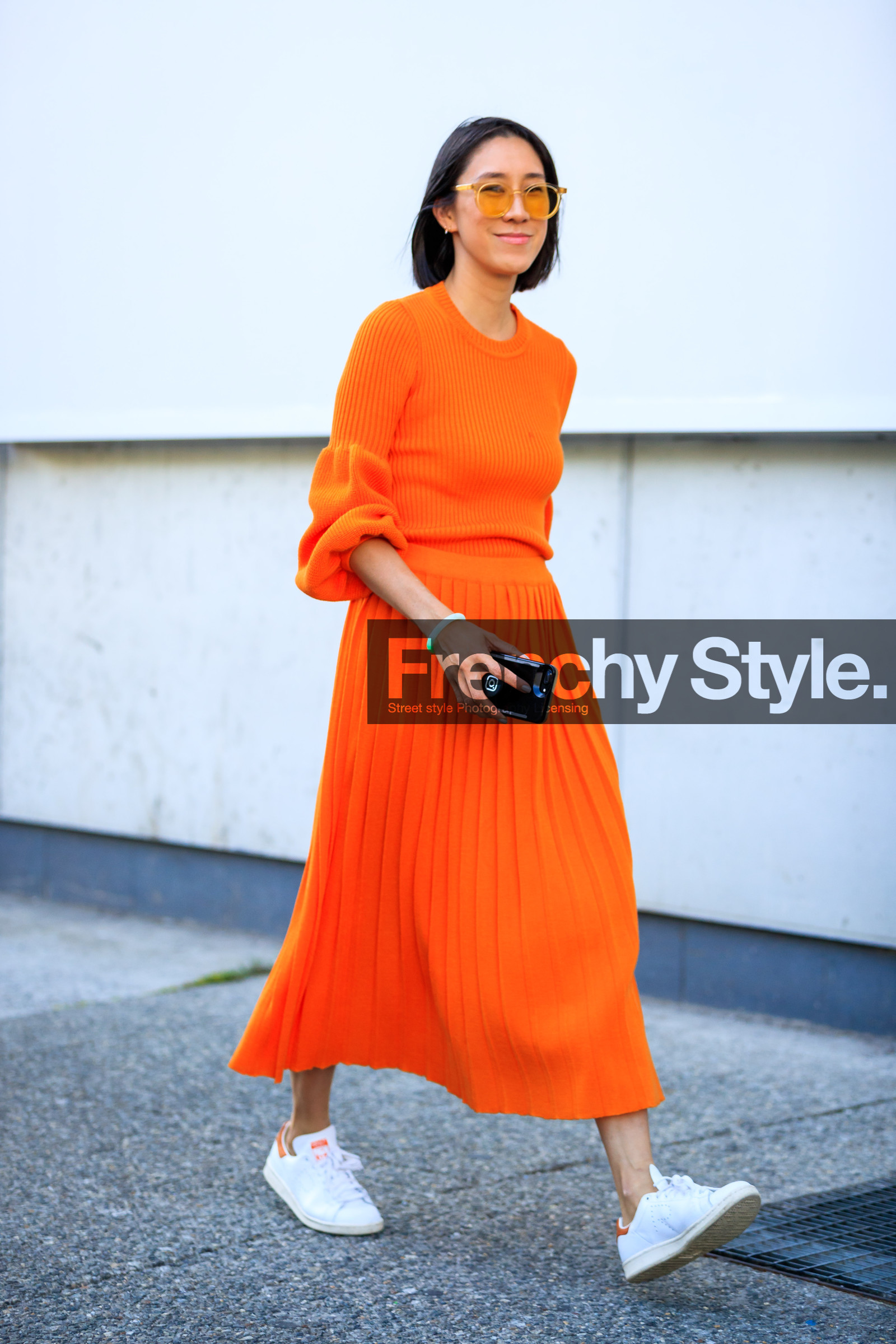 adidas, eva chen, fashion week, frenchystyle, full length, FW, jonathan paciullo, leather shoes, NEW YORK, NYFW, orange skirt, orange sweater, pleated skirt, raf simons, SPRING SUMMER 2018, SS 18, street style, sunglasses, tone on tone, total look orange, vertical