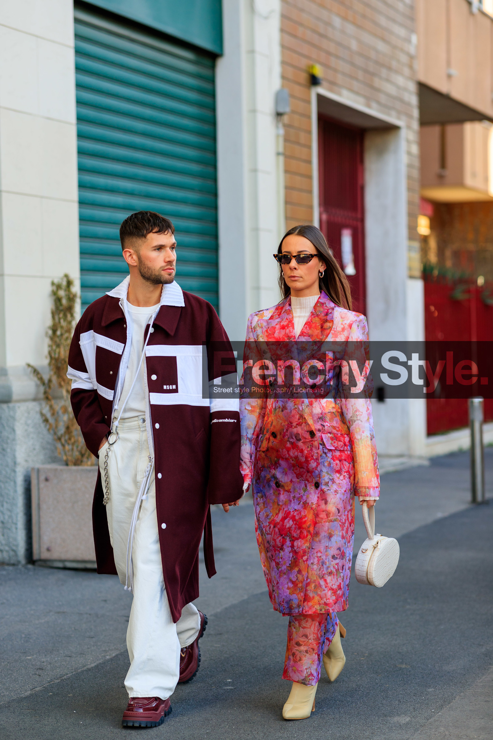 alice & j.s, beige boots, bordeaux, burgundy, denim pants, floral, flowers, graphic jacket, jeans, leather bag, leather shoes, msgm, pink coat, pink pants, printed jacket, red coat, red shoes, sunglasses, trousers, white bag, white denim, white t shirt, MILAN, MFW, fashion week, frenchystyle, FW, jonathan paciullo, street style, AUTUMN WINTER 2019-2020, AW 19-20, FALL WINTER 2019-2020, FW 19-20, vertical, full length