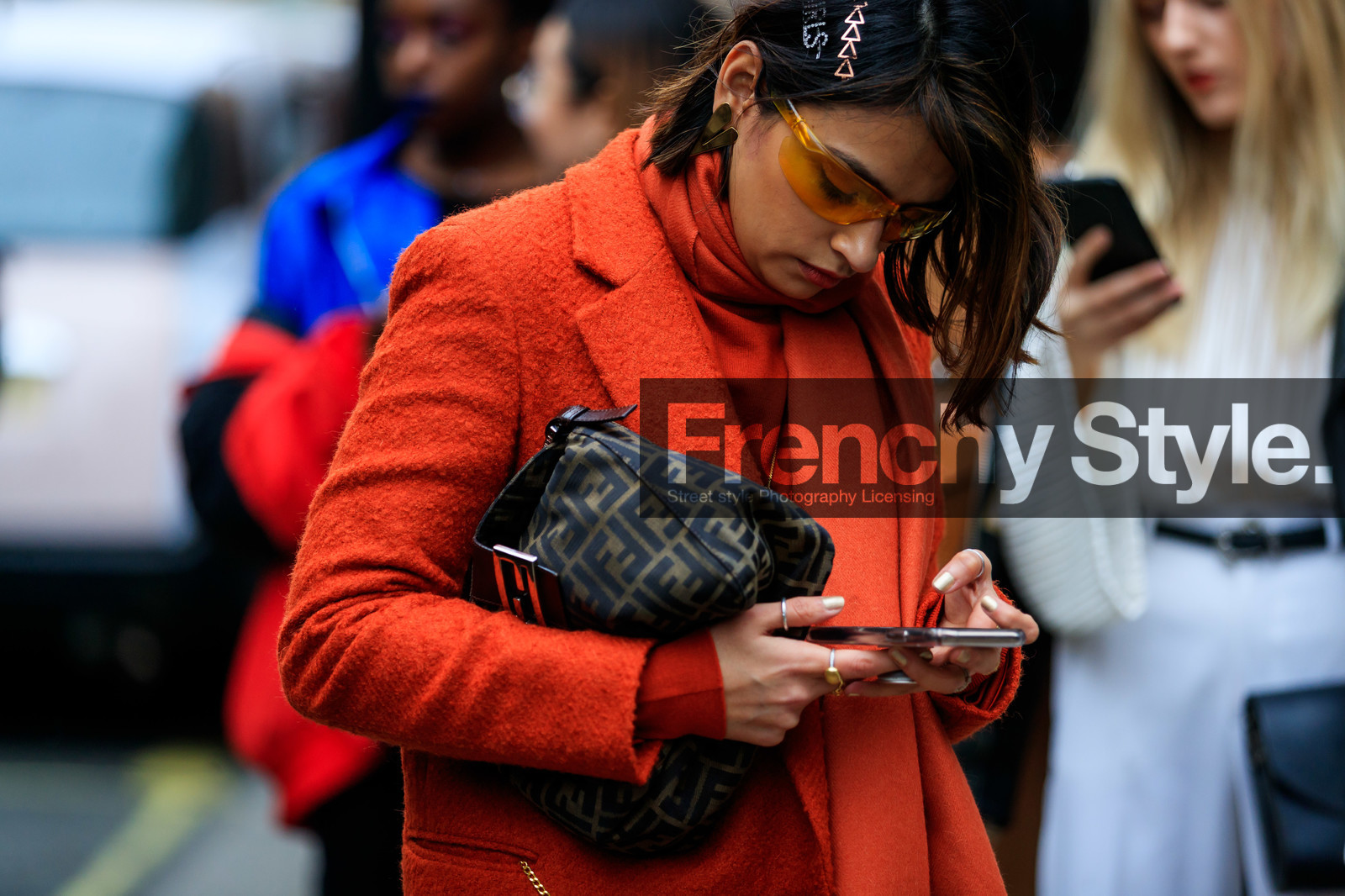 brown bag, fendi, graphic bag, hair clip, leather bag, monogram, orange coat, orange scarf, printed bag, rings, sunglasses, street style, jonathan paciullo, FW, frenchystyle, fashion week, LFW, LONDON, AUTUMN WINTER 2019-2020, AW 19-20, FW 19-20, FALL WINTER 2019-2020, horizontal, atmosphere details, detail