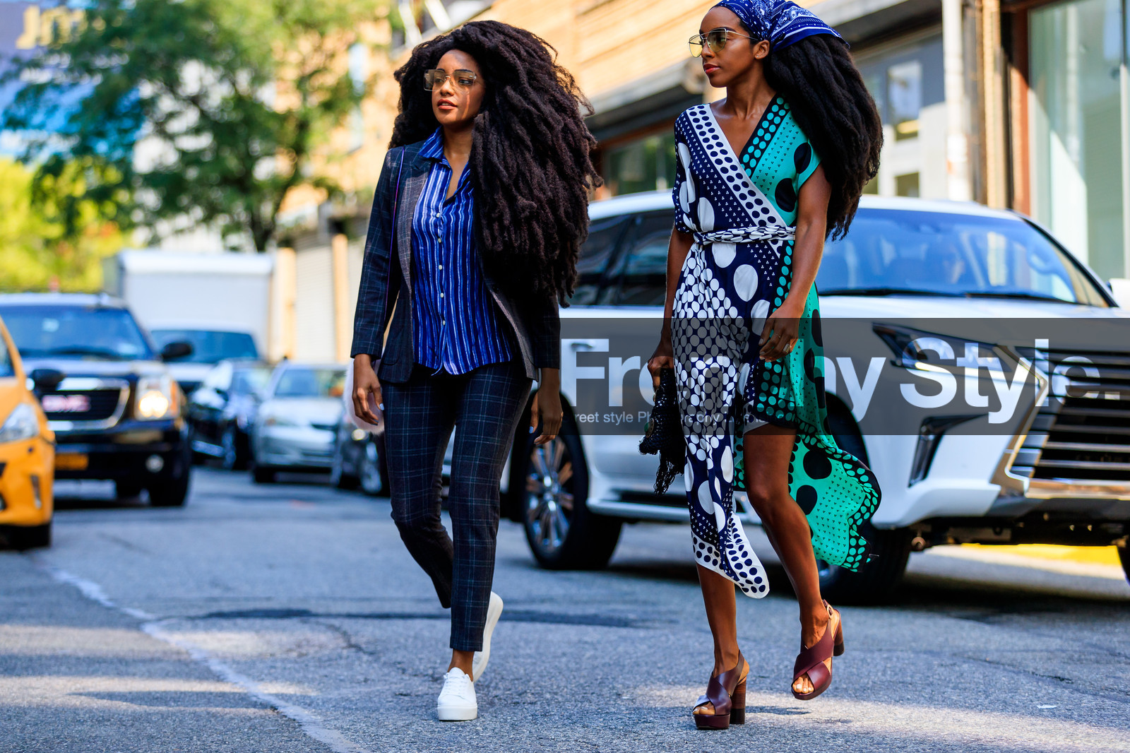 atmosphere details, blazer, blue bandana, blue jacket, blue shirt, brown shoes, checked jacket, checked pants, checked suit, Cipriana And Takenya Quann, fashion week, frenchystyle, full length, FW, geometric, graphic dress, graphic jacket, graphic pants, graphic shirt, high heels, horizontal, jonathan paciullo, leather shoes, NEW YORK, NYFW, plaid, printed dress, printed jacket, printed pants, SPRING SUMMER 2018, SS 18, street style, striped shirt, sunglasses, trousers, white sneakers