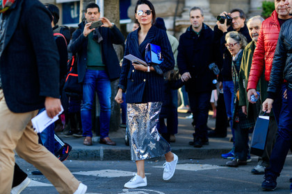 atmosphere details, AUTUMN WINTER 2017-2018, AW 17-18, blazer, blue bag, blue jacket, FALL WINTER 2017-2018, fashion week, frenchystyle, full length, FW, FW 17-18, glitter, graphic jacket, horizontal, jonathan paciullo, leather bag, leather shoes, leather sneakers, MFW, MILAN, printed jacket, shiny skirt, silver skirt, street style, striped jacket, sunglasses, white sneakers