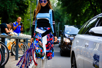 atmosphere details, black sweater, detail, Doina Ciobanu, fashion week, fendi, frenchystyle, fringes, FW, graphic skirt, graphic sweater, high boots, horizontal, jonathan paciullo, leather bag, leather shoes, MFW, MILAN, multicolor bag, printed skirt, SPRING SUMMER 2017, SS 17, street style, sunglasses, white boots