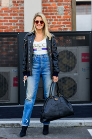 black bag, black jacket, black shoes, blue denim, chains, denim pants, gucci, high heels, jeans, leather bag, leather jacket, leather shoes, printed t shirt, studs, sunglasses, trousers, white t shirt, fashion week, frenchystyle, FW, jonathan paciullo, street style, MFW, MILAN, AUTUMN WINTER 2018-2019, FALL WINTER 2018-2019, FW 18-19, vertical, full length, helena bordon