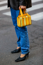 blue jeans, yellow leather bag, striped bag, hand bag, black leather shoes, high heels shoes, squared toed shoes, bag detail, legs detail, close up detail, fashion week, frenchystyle, FW, jonathan paciullo, street style, MFW, MILAN, AUTUMN WINTER 2020-2021, FALL WINTER 2020-2021, FW 20-21, vertical, atmosphere details, detail