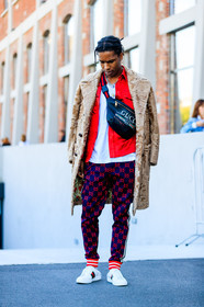 asap rocky, black bag, blue pants, brown fur, fanny pack, fashion week, frenchystyle, full length, fur jacket, FW, graphic bag, graphic pants, gucci, jonathan paciullo, leather bag, leather shoes, MFW, MILAN, printed bag, printed pants, red jacket, SPRING SUMMER 2018, SS 18, street style, trousers, vertical, white sneakers, white t shirt
