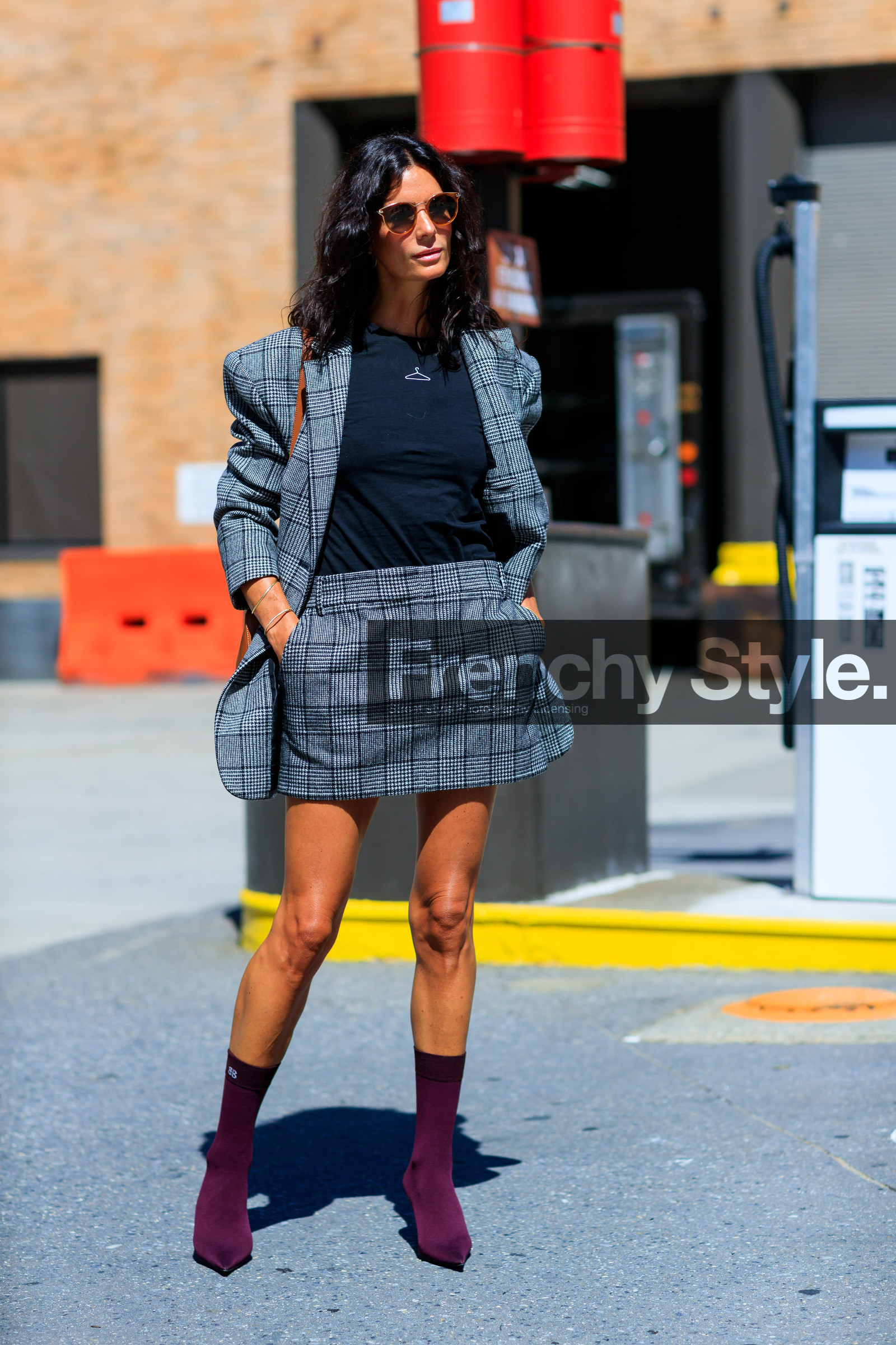 black t shirt, blazer, checked jacket, checked skirt, fashion week, frenchystyle, full length, FW, graphic jacket, graphic skirt, grey jacket, grey skirt, Hedvig Sagfjord Opshaug, high heels, jonathan paciullo, leather shoes, NEW YORK, NYFW, plaid, printed jacket, printed skirt, purple boots, SPRING SUMMER 2018, SS 18, street style, sunglasses, vertical, vêtements