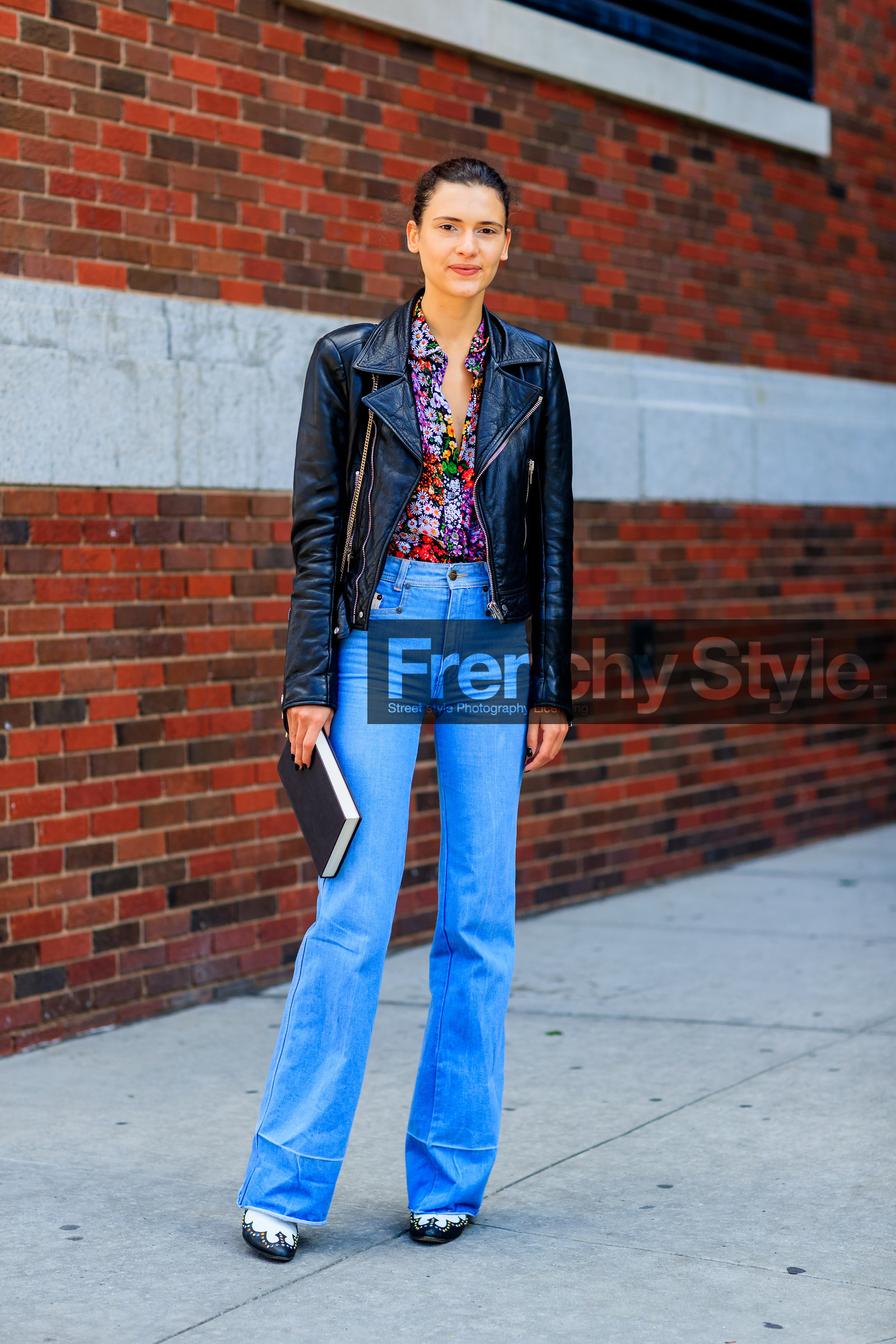 black jacket, black perfecto, blue denim, denim pants, fashion week, floral, flowers, frenchystyle, full length, FW, high waist, jeans, jonathan paciullo, leather jacket, leather perfecto, model, NEW YORK, NYFW, printed shirt, SPRING SUMMER 2018, SS 18, street style, trousers, vertical