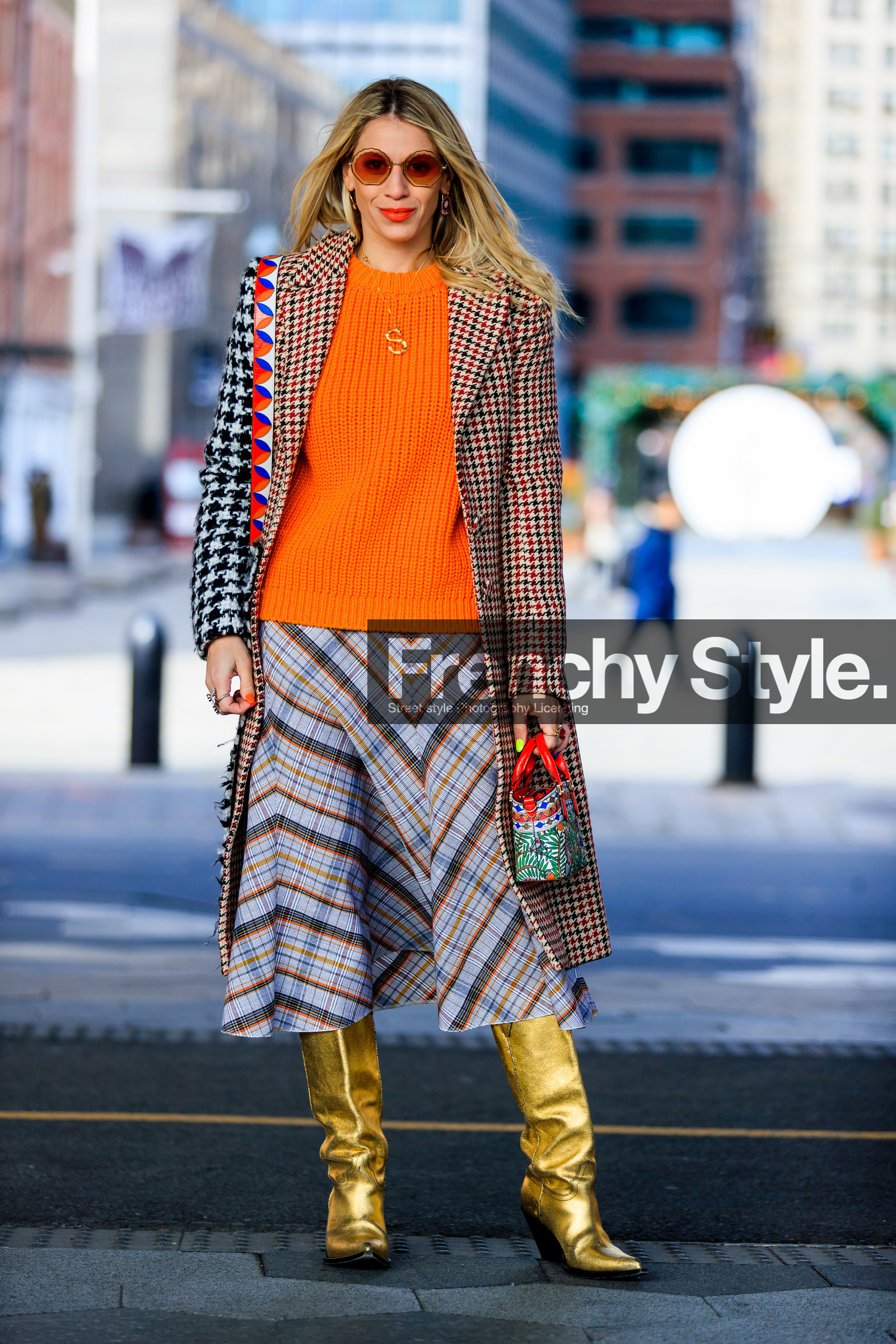 camera, checked, cowboy boots, golden boots, graphic bag, graphic jacket, graphic skirt, grey skirt, high heels, houndstooth pattern, leather bag, leather shoes, multicolor bag, orange sweater, plaid, printed bag, printed jacket, printed skirt, sunglasses, tartan, street style, jonathan paciullo, frenchystyle, NYFW, NEW YORK, AUTUMN WINTER 2019-2020, AW 19-20, FALL WINTER 2019-2020, FW 19-20, fashion week, FW, vertical, full length