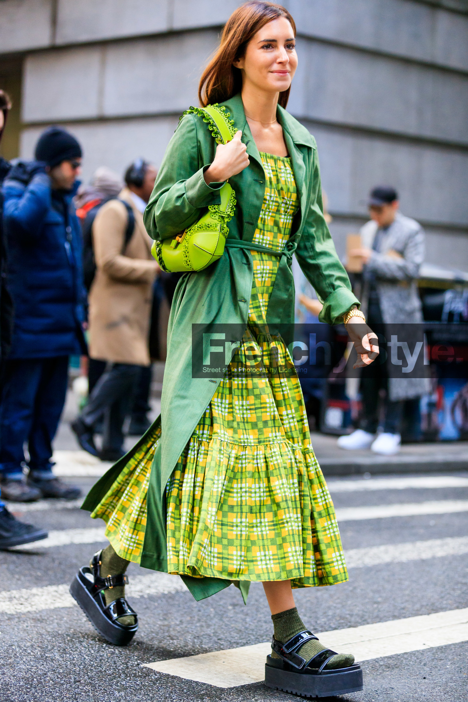 black shoes, gala gonzalez, graphic dress, green bag, green coat, green dress, green socks, leather bag, leather coat, leather shoes, pleated dress, printed dress, tone on tone, total look green, street style, jonathan paciullo, frenchystyle, NYFW, NEW YORK, AUTUMN WINTER 2019-2020, AW 19-20, FALL WINTER 2019-2020, FW 19-20, fashion week, FW, vertical, full length