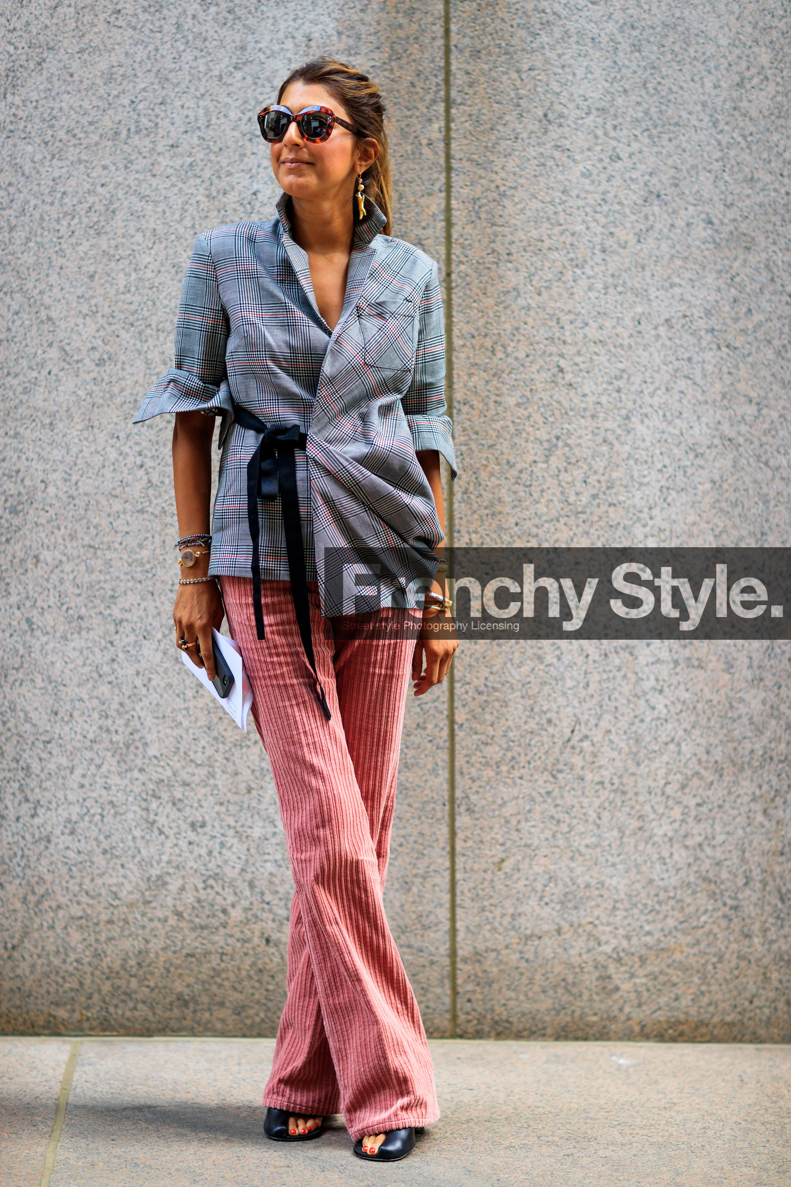 black shoes, blazer, checked jacket, corduroy, céline, fashion week, frenchystyle, full length, FW, graphic jacket, grey jacket, jonathan paciullo, leather shoes, NEW YORK, NYFW, pink pants, plaid, printed jacket, SPRING SUMMER 2018, SS 18, street style, sunglasses, trousers, vertical