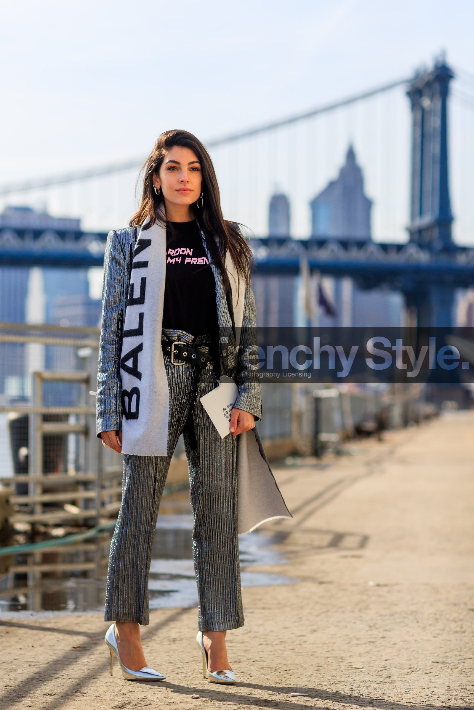balenciaga, black t shirt, graphic jacket, graphic pants, high heels, leather shoes, printed jacket, printed pants, printed t shirt, shiny jacket, shiny pants, shiny shoes, silver shoes, trousers, white scarf, street style, jonathan paciullo, FW, frenchystyle, fashion week, NYFW, NEW YORK, AUTUMN WINTER 2018-2019, AW 18-19, FALL WINTER 2018-2019, FW 18-19, vertical, full length, anna nooshin