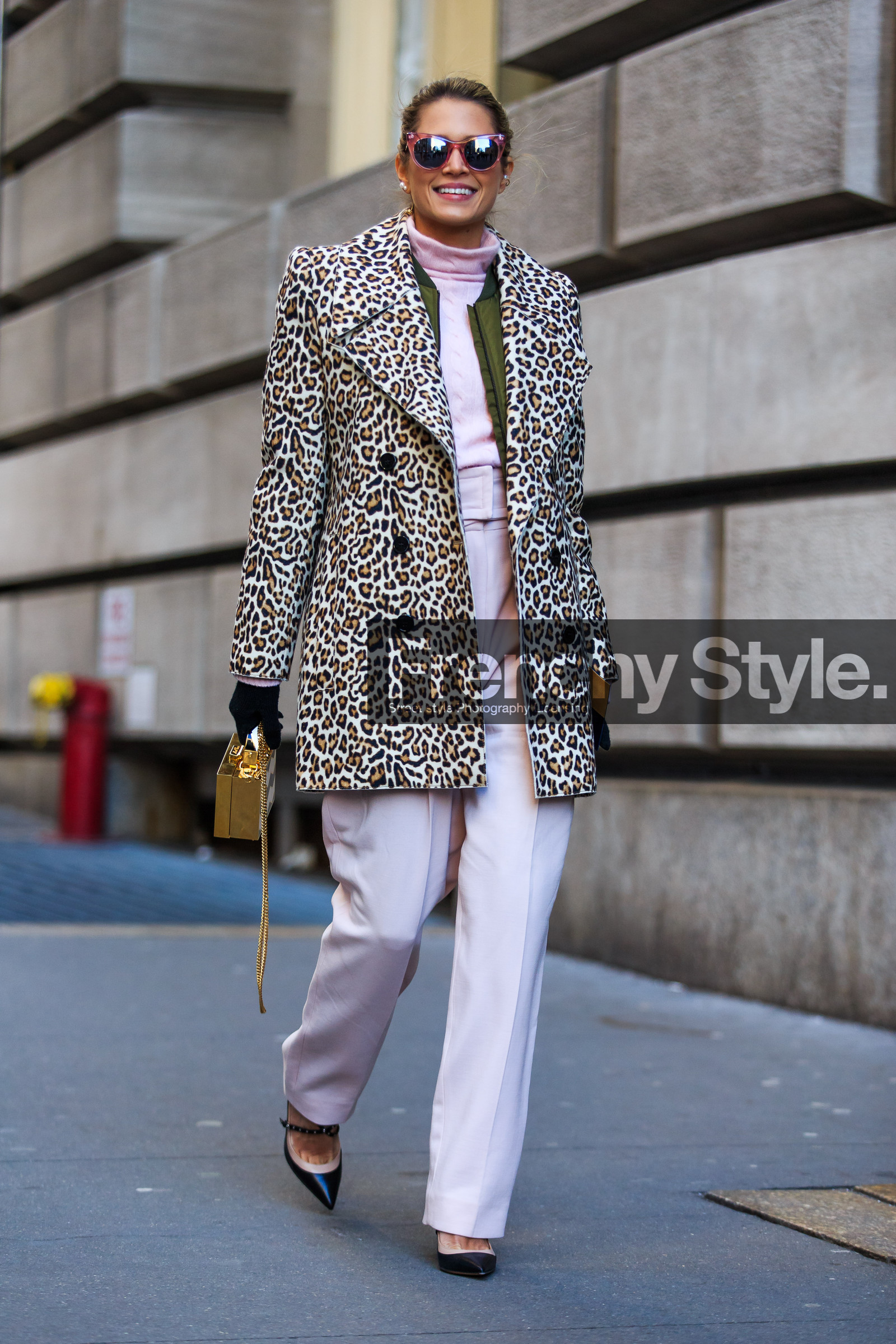 animal print, AUTUMN WINTER 2016-2017, AW 16-17, fashion week, frenchystyle, full length, FW, FW 16-17, gold bag, golden bag, helena bordon, high heels, jonathan paciullo, leopard coat, leopard print, NEW YORK, NYFW, pink pants, pink sweater, printed coat, street style, sunglasses, trousers, turtleneck sweater, vertical, woman