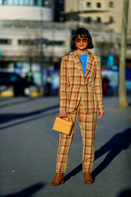 blazer, blue sweater, brown shoes, checked, graphic jacket, graphic pants, leather bag, leather shoes, maria bernad, plaid, printed jacket, printed pants, sunglasses, trousers, yellow bag, yellow jacket, yellow pants, yellow suit, PARIS, PFW, street style, jonathan paciullo, FW, frenchystyle, fashion week, AUTUMN WINTER 2019-2020, AW 19-20, FALL WINTER 2019-2020, FW 19-20, vertical, full length