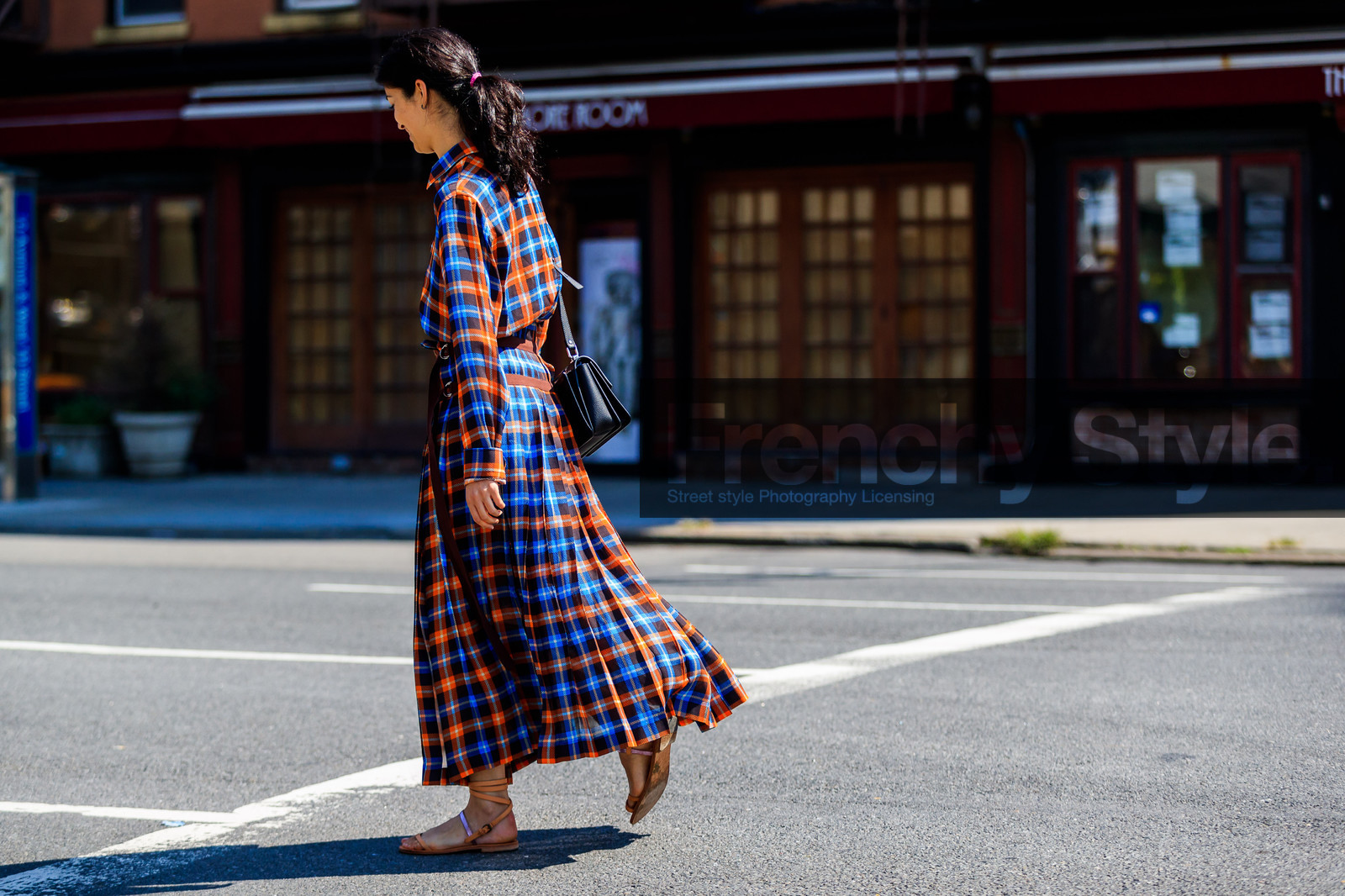 atmosphere details, back detail, black bag, caroline issa, checked shirt, checked skirt, fashion week, frenchystyle, full length, FW, graphic shirt, graphic skirt, horizontal, jonathan paciullo, leather bag, NEW YORK, NYFW, plaid, pleated skirt, printed shirt, printed skirt, SPRING SUMMER 2018, SS 18, street style
