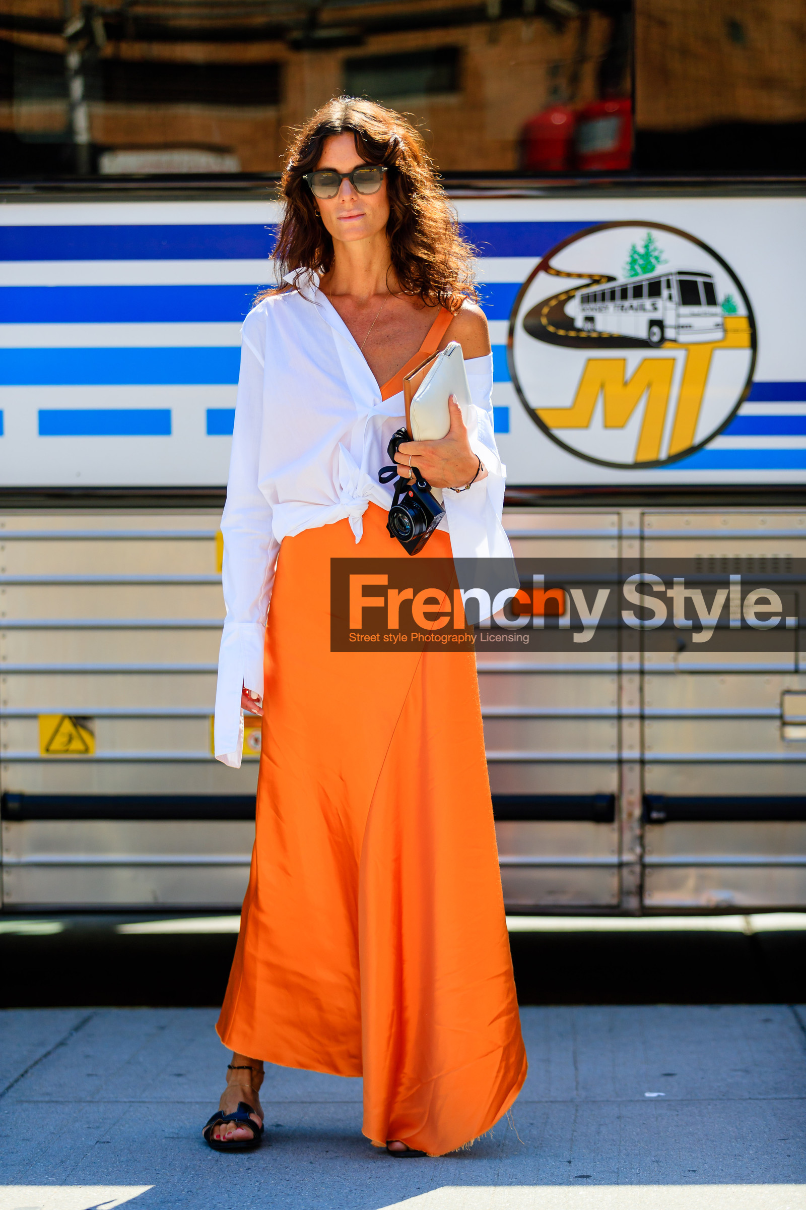 black sandals, camera, fashion week, frenchystyle, full length, FW, Hedvig Sagfjord Opshaug, hermès, jonathan paciullo, leather shoes, NEW YORK, NYFW, orange dress, SPRING SUMMER 2017, SS 17, street style, sunglasses, vertical, white shirt, woman